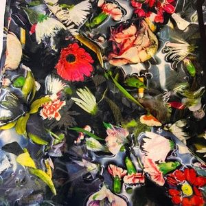 Alexander McQueen Black Floral Silk Scarf with Pink, Red and Green Accents